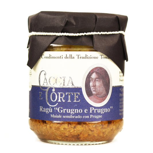 Caccia e Corte Ragù Grugno e Prugno - toskański biały sos z mięsa wieprzowego z dodatkiem śliwek 180g - dostępny w  hurtowni WT Hurt